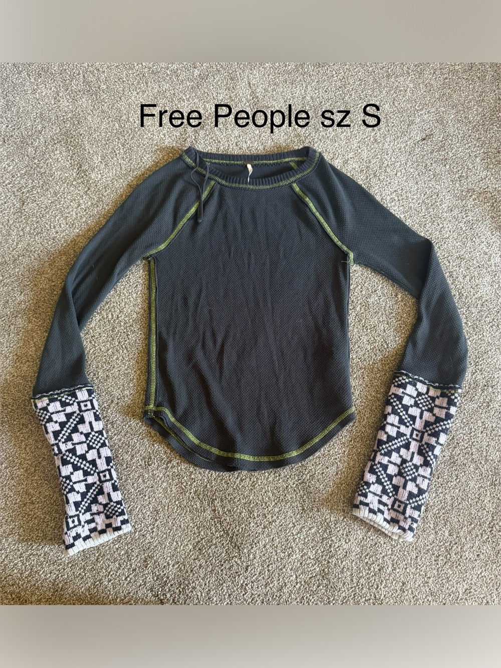 Free People Black Long Sleeve Thermal Top with Sweater Patterned Cuffs